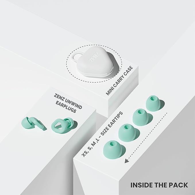 Zenz Unwind Ear Plugs for Sleeping Noise Reduction - Comfy Reusable Soft Silicone Earplugs for Focus, Study, Work - 8 Pair Eartips in XS/S/M/L - 27dB Hearing Protection with Storage Case - Mossy Mint