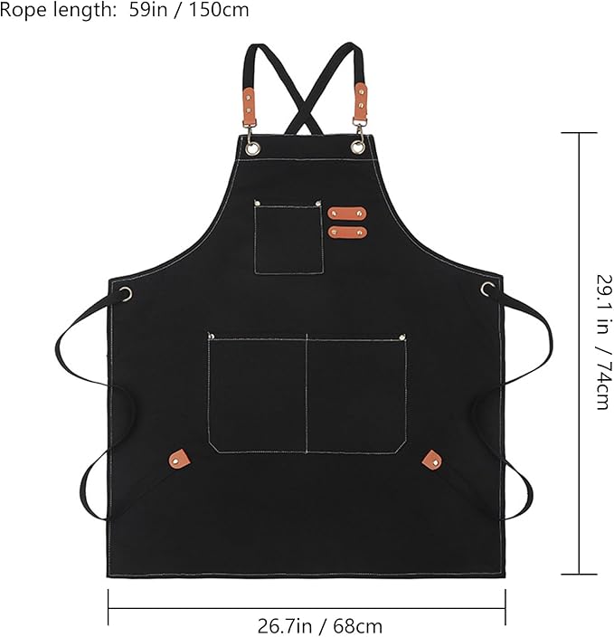 Adjustable Canvas Apron with 3 Pockets for Men Women,Cross Back Work Apron,Durable Kitchen Apron for Cooking,Grilling,Basrista,Crafting