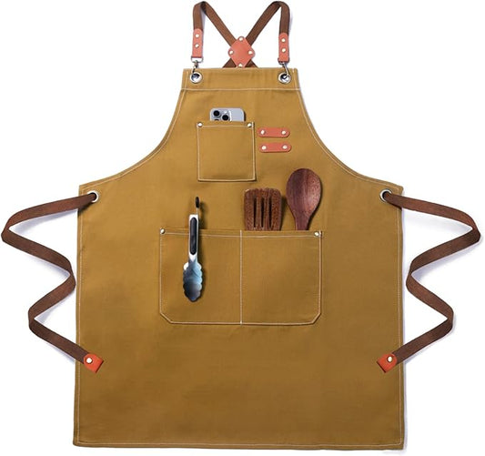 Chef Apron for Men Women with Pockets,Cross Back Cotton Canvas Plus Size Apron for Cooking BBQ Baking Gardening