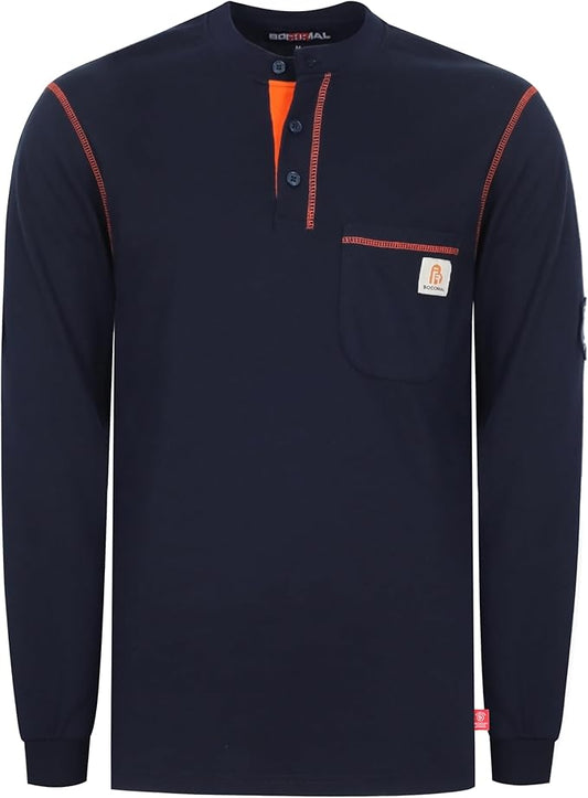 BOCOMAL FR Shirts Flame Resistant Henley Shirt NFPA2112/CAT2 7oz Men's Long Sleeve Fire Retardant Clothing