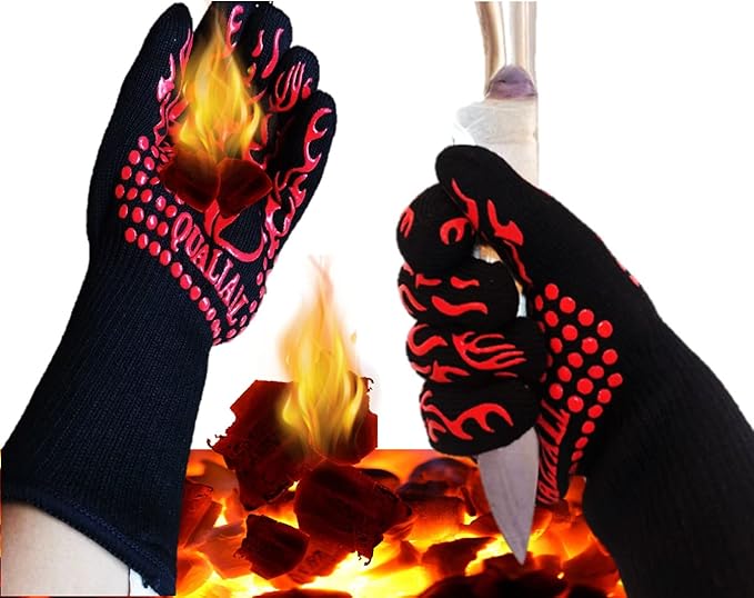 BBQ Gloves, 1472°F, EN407 Certified. Extreme Heat Resistant, Long Sleeve, Anti-Slip, Sweat Absorption, Comfier Easier and Safer for Grilling, Barbecue, Smoking, Cooking, Baking, Pot Holding. Red