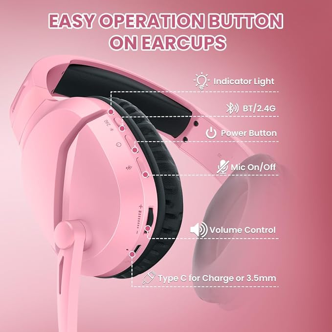 Wireless Gaming Headset with Noise Canceling Microphone for PS5, PC, PS4, 2.4G/Bluetooth Gaming Headphones with USB and Type-c Connector, Wired Mode for Controller - Pink