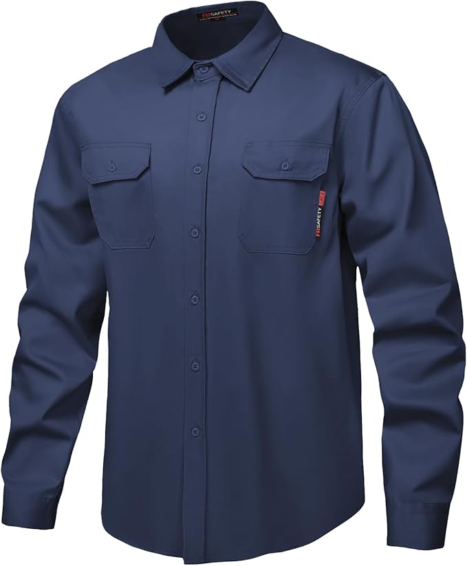 FR Shirt 7oz Fire Resistant Shirts Men's,CAT2 Welding Shirt 100% Cotton Flame Resistant Shirts Navy(Medium)