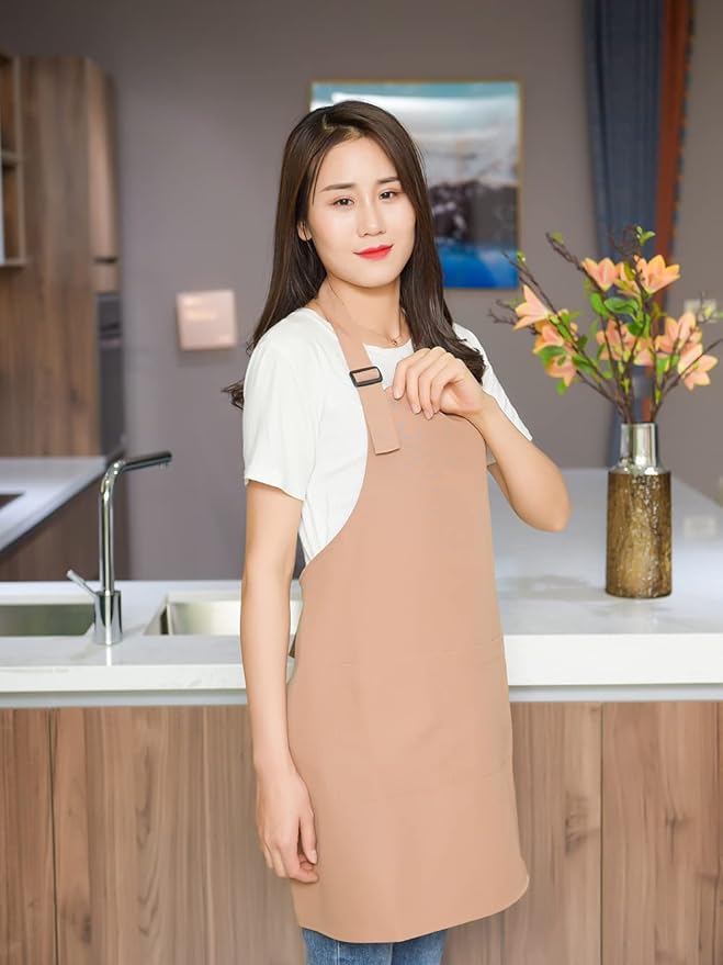 Khaki Professional Resist Water Adjustable Extra Long Bib Apron 3 Pockets Home Kitchen Garden Restaurant Cafe Bar Pub Bakery for Cooking Chef Baker Servers Craft Unisex