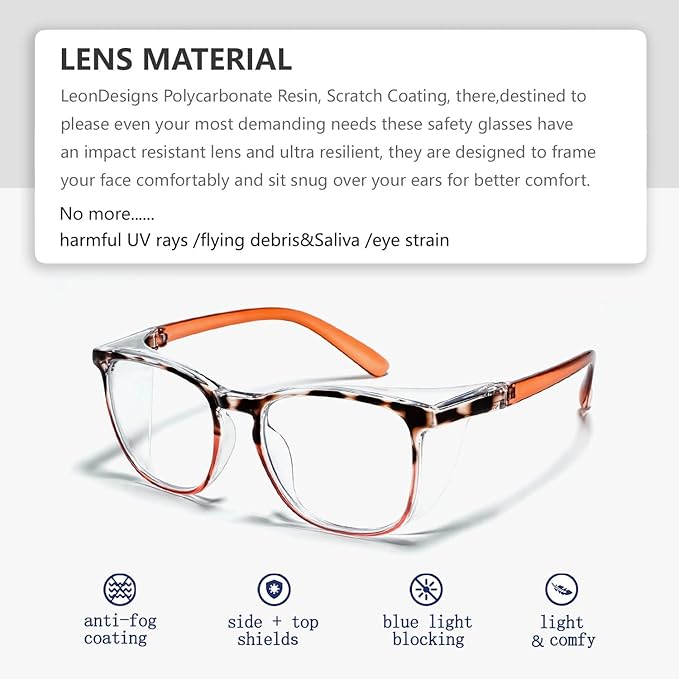 Safety Glasses Anti-Fog Goggles Z87.1 Blue Light Blocking Anti-Dust UV Protection Glasses For Men Women (Gray Tortoise/Tea)