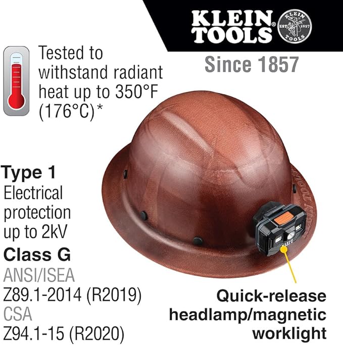 Klein Tools 60447 Hard Hat, Full Brim Class G KONSTRUCT Series Hard Hat with Rechargeable Headlamp, Sweat-Wicking Sweatband, Top Pad, Brown