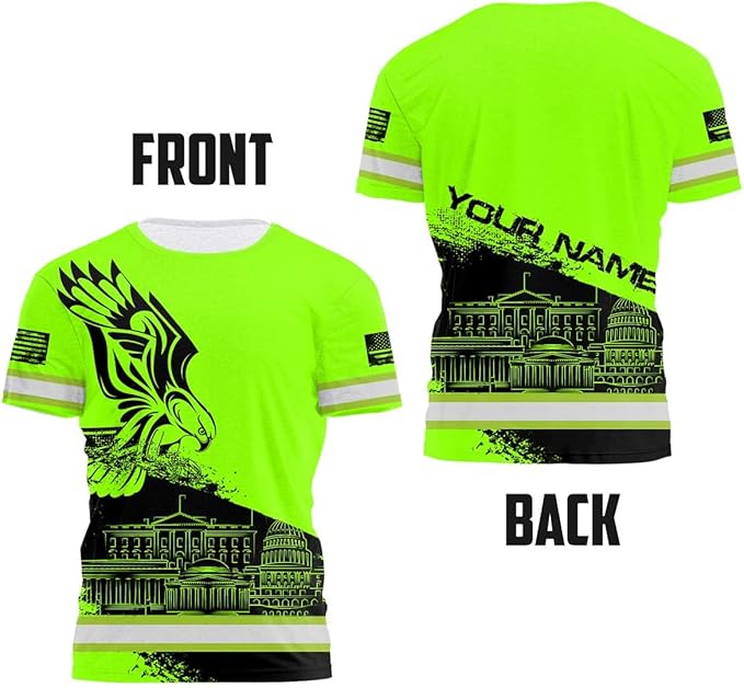 Matedecor Skull High Visibility Shirt Men Reflective Safety Shirts US Flag Custom Name Workwear, Runners, Walkers, Patriotic
