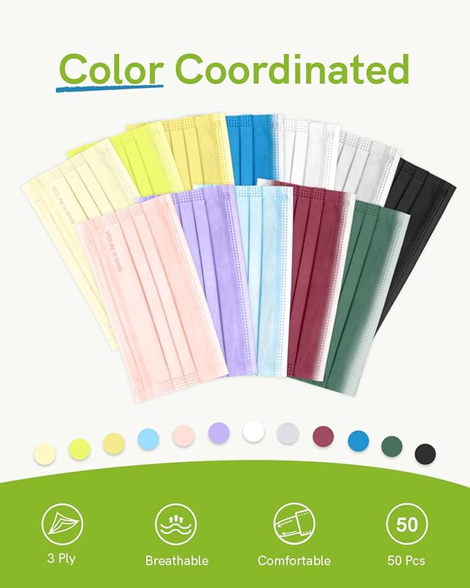 FriCARE Disposable Face Masks, 3-Ply ASTM Level 3 Medical Grade, Breathable & Comfortable for Adult Daily Work/Sun Protection, 50 Pack Neon Pixel