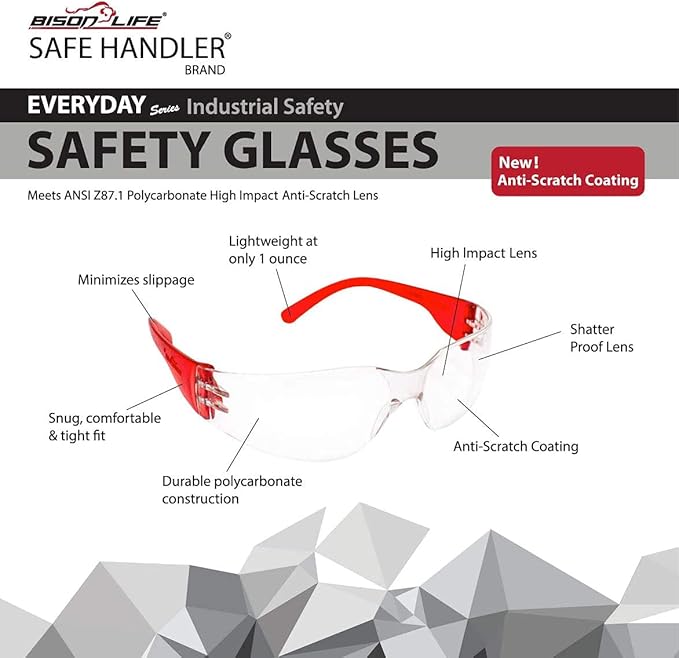 BISON LIFE Clear Lens Color Temple Safety Glasses | One Size, Adult, Youth, Clear Protective Polycarbonate Lens Color Temple, Verity, 144 PAIRS