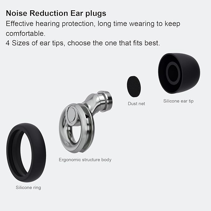 Plus Ear Plugs Noise Cancelling 2 Sets, Soft Silicone Ear Plugs for Sleeping, Noise Sensitivity, Reusable Concerts Ear Plugs Hearing Protection 30dB - 8 Pairs Ear Tips in XS/S/M/L - Silver
