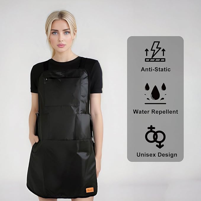Barber Apron Hair Stylists Tools Apron Professional Waterproof Haircutting Apron with 3 Pockets, Black