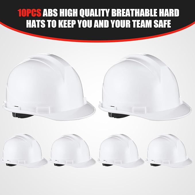 Leumoi 10 Pcs Suspension Hard Hat, Construction Hard Hat for Safety, Ratchet Cap Style with Self Adjusting Crown Straps for Man Woman