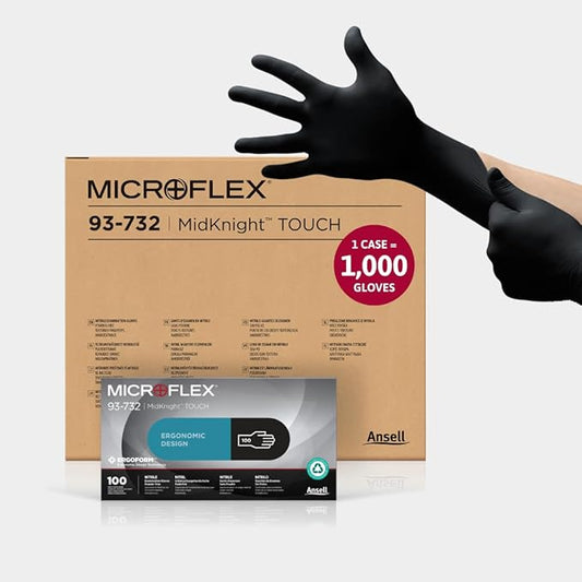 Ansell MICROFLEX MidKnight Touch 93-732 Disposable Nitrile Exam Gloves for Auto, Tattoo, Dentistry, Catering, 4.3 mil - S, Black (Case of 1000)