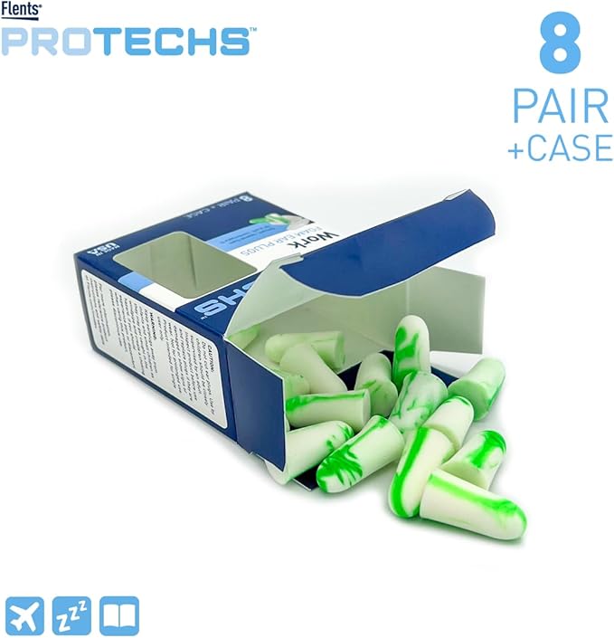 Flents Protechs Reusable Work Ear Plugs, Ideal for Construction Offering Protection From Loud Environments, 8 Pairs with Travel Size Case, Easy Use Comfort Fit, NRR 33, Green, Made In The USA