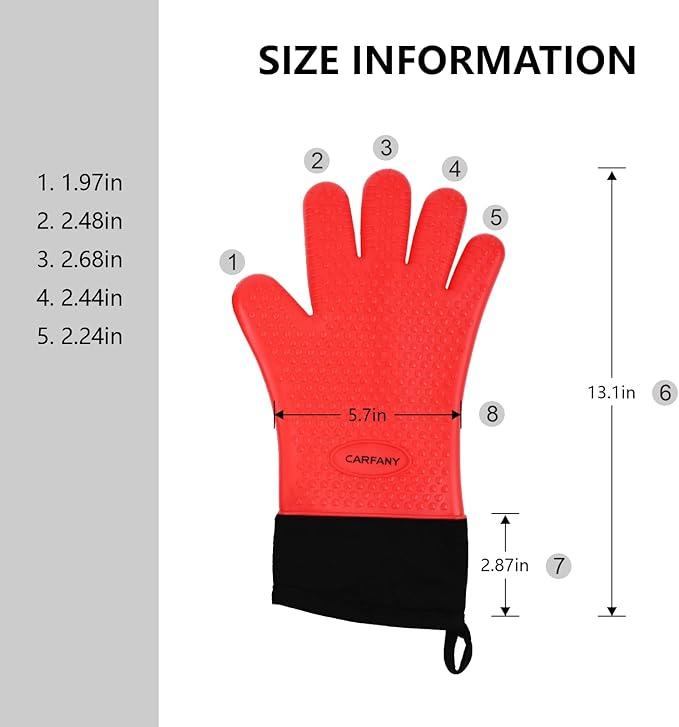 Heat Resistant Grilling Gloves for BBQ Silicone and Cotton Double-Layer Oven Mitts Waterproof Non-Slip Cooking Gloves (Red)