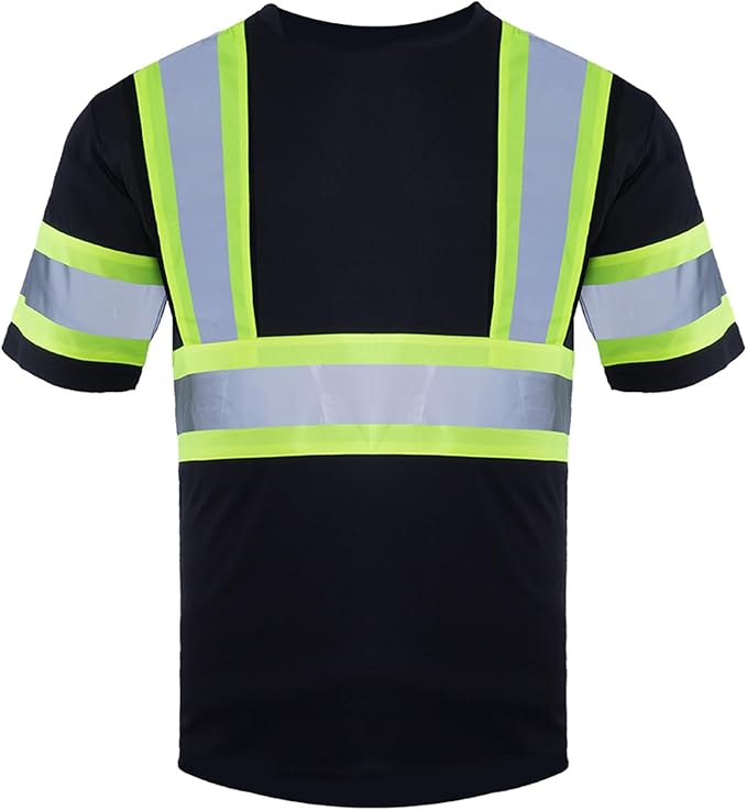VENDACE Men's High Vis Class 2 Safety T Shirt ANSI Reflective Work Short Sleeve Shirt with Black Bottom(Black,L)
