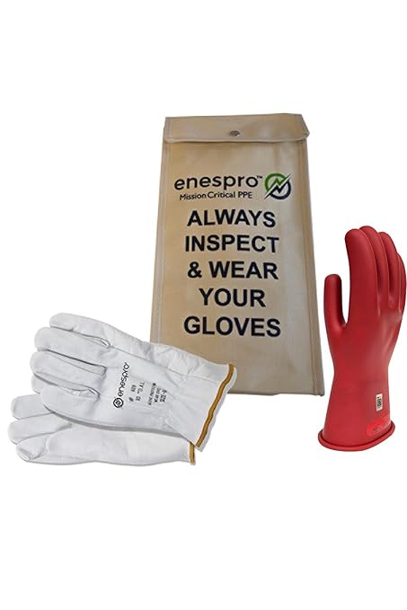 Class 0 Red Rubber Voltage Insulating Glove Kit with Leather Protectors, Max. Use Voltage 1,000V AC/ 1,500V DC, KITGC0R09