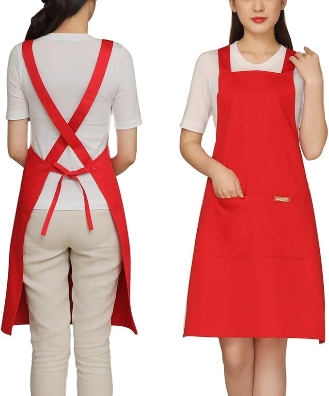 NEWGEM Painting Apron Cross Back with 2 Pockets Cotton for Kids,Adult,Butcher Fits for Grill,bbq,Paint Cross Back Red
