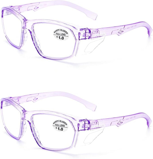 ProtectX Stylish Anti-Fog & Scratch-Resistant Safety Glasses With Readers, UV Protection Goggles, Anti-Impact Lightweight Glasses for Men＆Women Lilac Reading 1.0-2 Pack