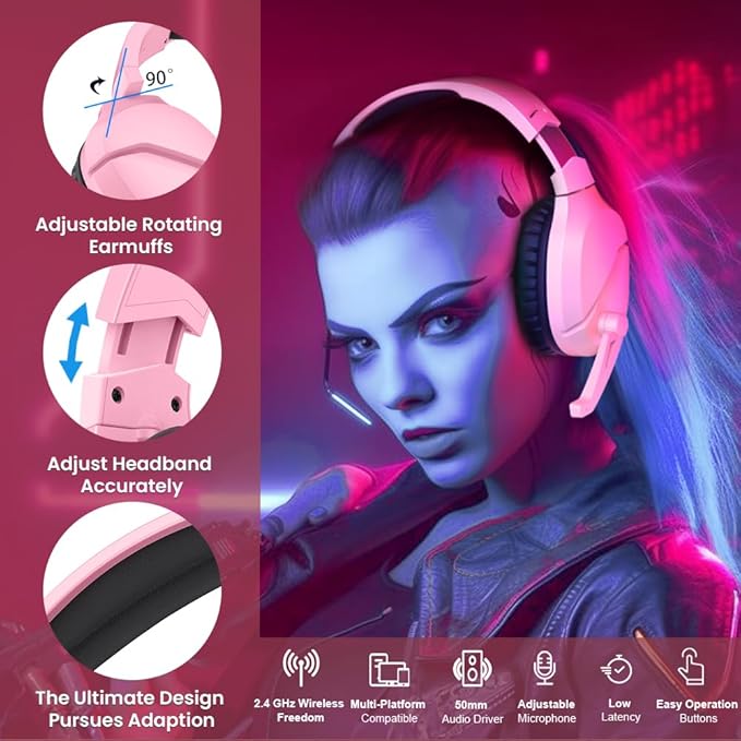 Wireless Gaming Headset with Noise Canceling Microphone for PS5, PC, PS4, 2.4G/Bluetooth Gaming Headphones with USB and Type-c Connector, Wired Mode for Controller - Pink