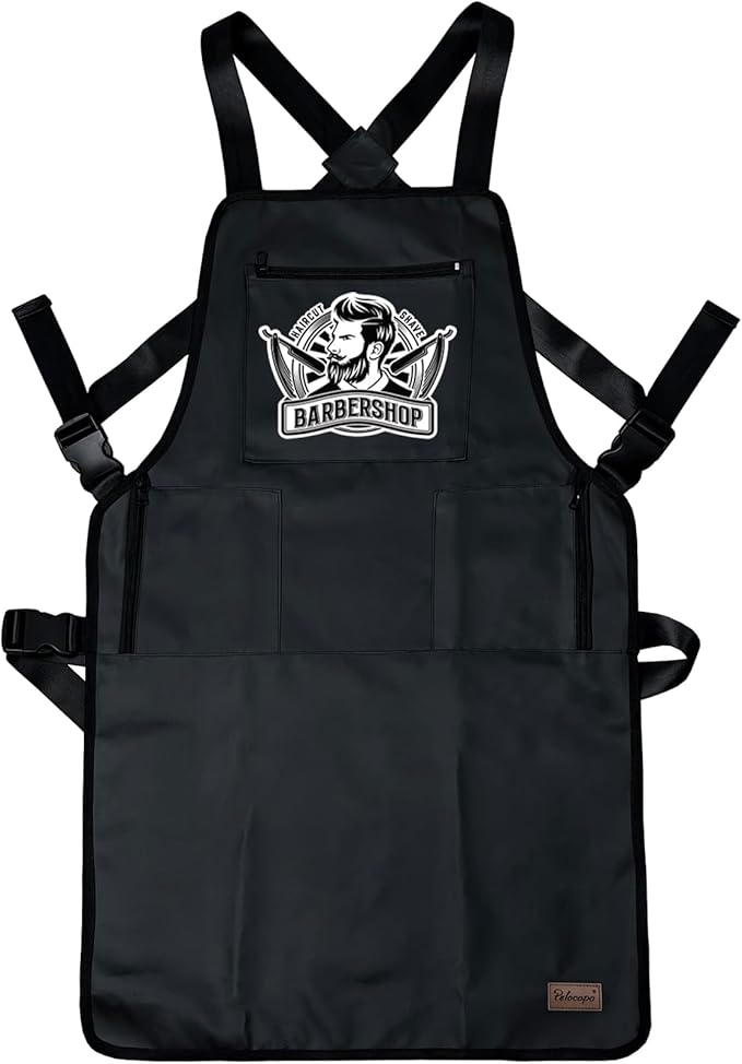 Barber Apron Hair Stylists Tools Apron Professional Waterproof Haircutting Apron with 3 Pockets, Barbershop Pattern