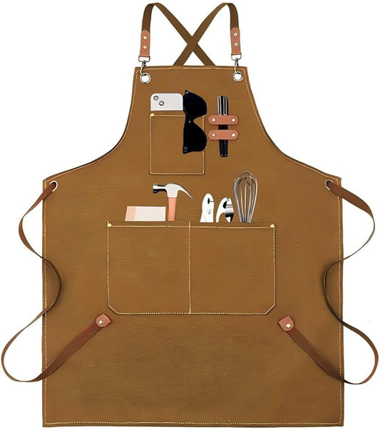 EUDOLAH Chef Aprons for Women Men with Large Pockets Cooking Aprons Canvas Cross Back Water Repellent Work Apron