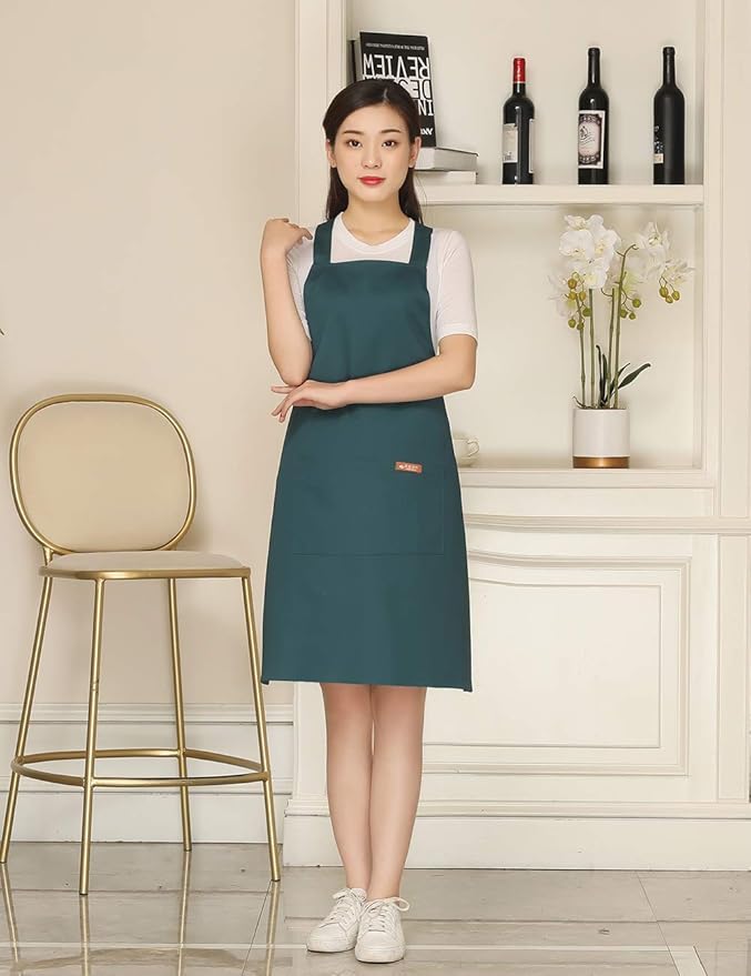 NEWGEM Adjustable Kitchen Apron with 2 Pockets 100% Cotton for Women,Chef,Waitress,Hairstylist Fits for Grill,bbq,Paint (Dark Green)