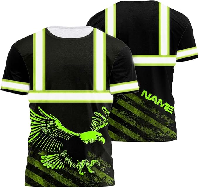 Matedecor Skull High Visibility Shirt Men Reflective Safety Shirts US Flag Custom Name Workwear, Runners, Walkers, Patriotic