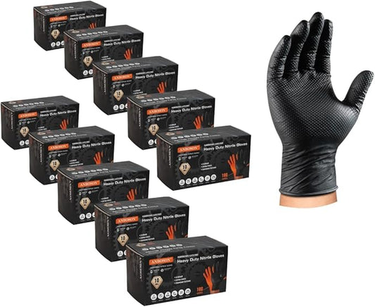 10 Mil Nitrile Disposable Gloves Heavy Duty Mechanic Gloves Raised Diamond Texture Thick (Black of 1000, Large)