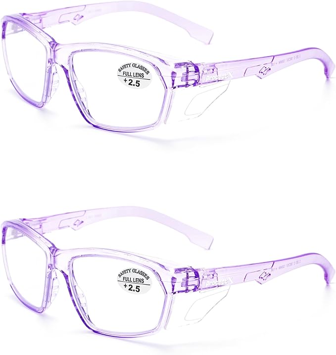 ProtectX Stylish Anti-Fog & Scratch-Resistant Safety Glasses With Readers, UV Protection Goggles, Anti-Impact Lightweight Glasses for Men＆Women Lilac Reading 2.5-2 Pack