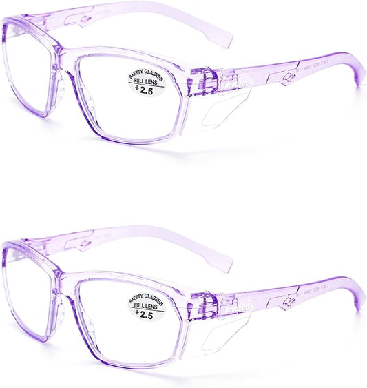 ProtectX Stylish Anti-Fog & Scratch-Resistant Safety Glasses With Readers, UV Protection Goggles, Anti-Impact Lightweight Glasses for Men＆Women Lilac Reading 2.5-2 Pack
