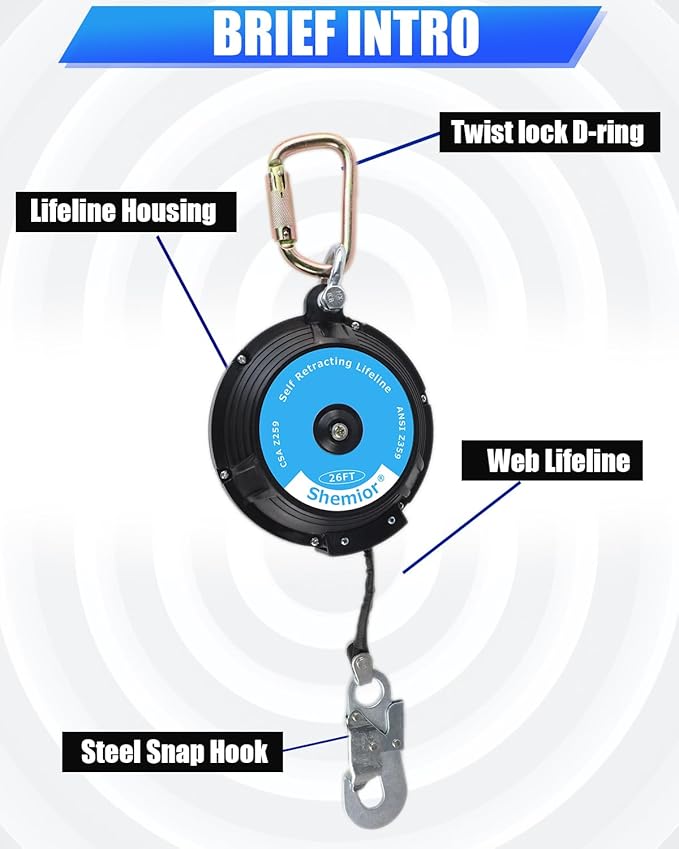 26FT Shemior Web Self Retracting Lifeline, No Tangle Lightweight Housing SRL, Self Retractable Safety Lanyard, Fall Arrest Protection PPE Gear for Roofing Construction, OSHA/ANSI Compliant