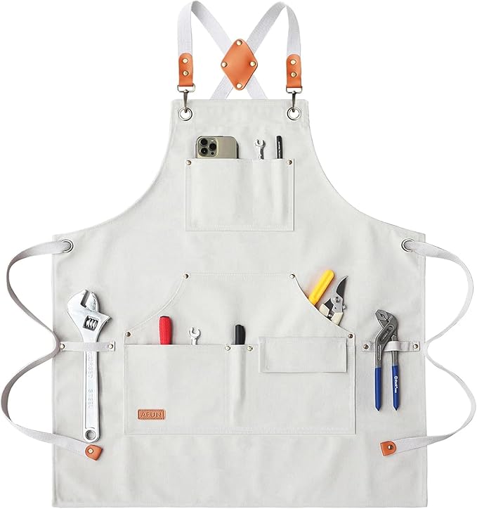 AFUN Work Aprons for Men with Large Pockets, Cotton Canvas Cross Back Heavy Duty Adjustable Tool Apron, Size M to XXL (Beige)