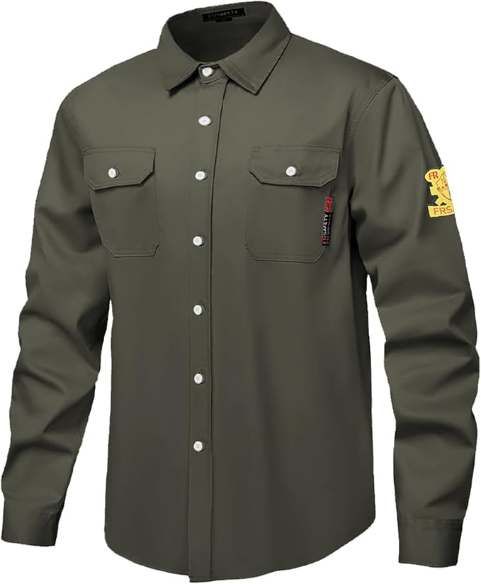 FR Shirts for Men 7oz Hi Vis Fire Resistant Shirts NFPA CAT2 Welding Shirt 100% Cotton Flame Resistant Shirt Dark Green(5X-Large)