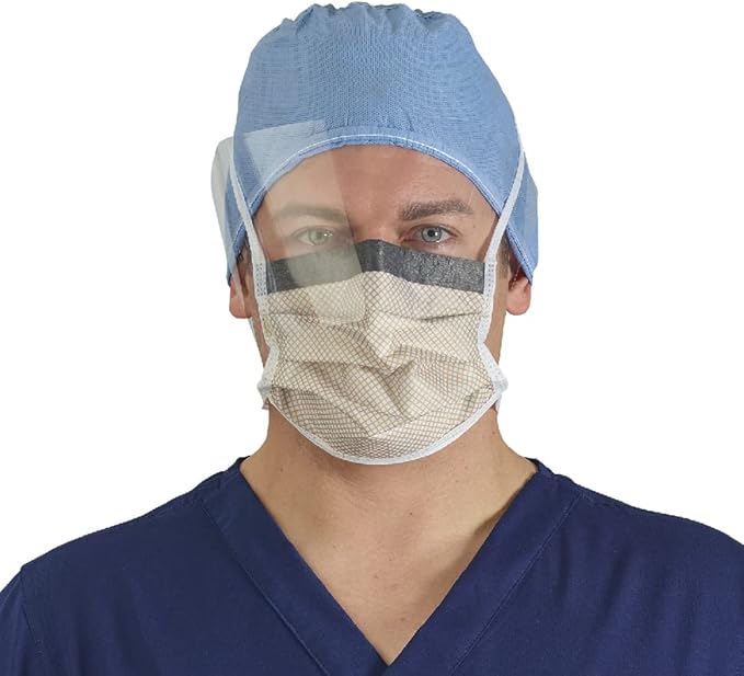 HALYARD FLUIDSHIELD 2 Fog-Free Surgical Mask, WrapAround Visor, Blue w/Orange Print, Level 2, 62114
