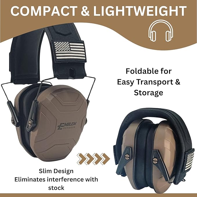 Shield XT Shooting Ear Protection for Gun Range | NRR 24dB | Construction Hearing Protection for Adults and Kids | Slim Noise Reducing Ear Muffs for Sport and Safety (Brown) by Emblem OD