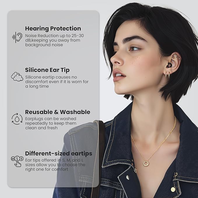 Ear Plugs for Sleeping,2 Pairs of Stylish Reusable Noise Reduction Earplugs with 8 Pairs Tips & case,Hearing Protection Earplugs for Concert,Travel,Work,Live Events - 25dB-30dB
