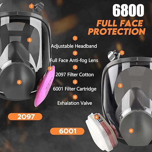 Full Face Respirator Mask with Filters: 6800 Gas Mask with 6001 & 2097 Filter Reusable Organic Vapor Mask Against Fumes Gases Dust for Painting Epoxy Resin Welding Construction Emergency Polishing