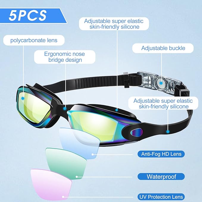 Macarrie 5 Pairs Swimming Goggles for Adults Kids Anti Fog Pool Goggles bulk No Leaking Glasses with Ear Plugs Nose Clip