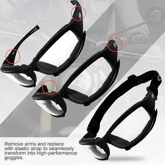 Global Vision Assault 24 Motorcycle Sunglasses Safety Glasses ANSI Z87.1 Convertible to Goggles Foam-Padded Black Frame w/Photochromic Lenses (Clear to Smoke)