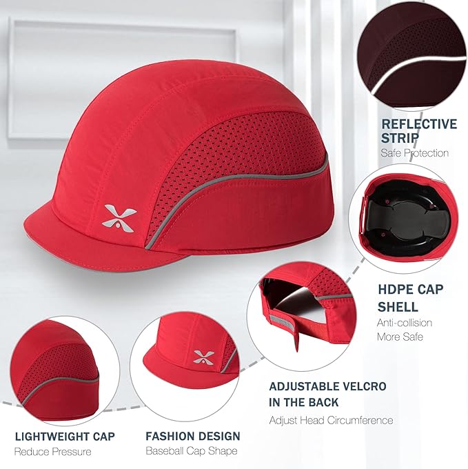 Lightweight Safety Bump Cap - Breathable Baseball Style Protective Hat with Reflective Stripes