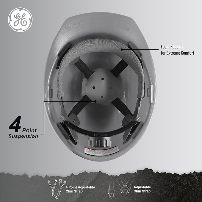 GE Cap Style Hard Hat, 4-Point Ratchet Suspension, Earmuff Slots, High Impact Resistant, Sweat-Wicking Sweatband, Meets ANSI Z89.1-2014, Comfortable, Durable, and Protective - Gray, Non-Vented