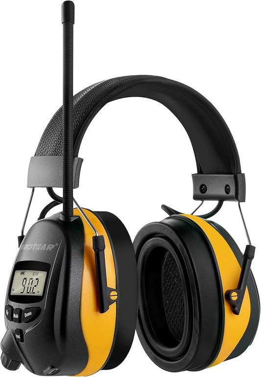 Upgraded AM FM Radio Headphones with Bluetooth 5.4,NRR 25dB Safety Ear Muffs for Noise Reduction,LCD Headset,Built-in Mic,2000mAh Rechargeable Hearing Protection for Walk,Lawn Mowing,Workshop(Yellow)