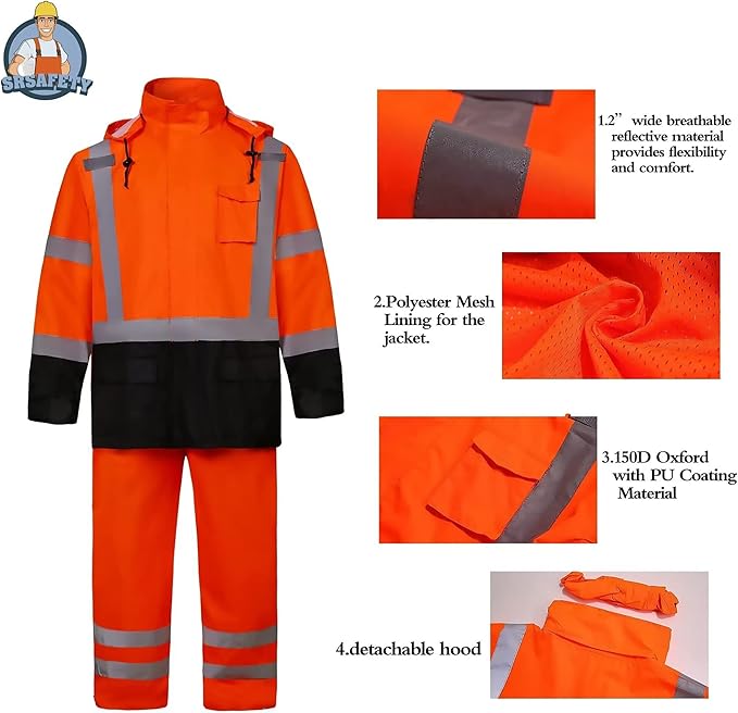 SRsafety High Visibility Rain Gear, Class 3 High Visibility Work Rain Gear for Men, Construction Rain Suits