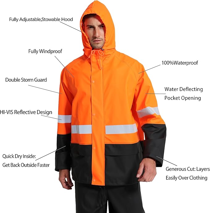 Men's Workwear PRO Rain Suit - Waterproof Jacket and Bib Pants 3-piece Set for Ultimate Safety and Comfort