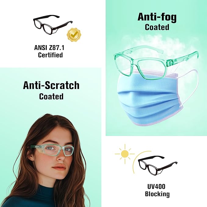 ProtectX Stylish Anti-Fog & Scratch-Resistant Safety Glasses, UV Protection Goggles, Anti-Impact Lightweight Glasses for Men＆Women Jade Clear