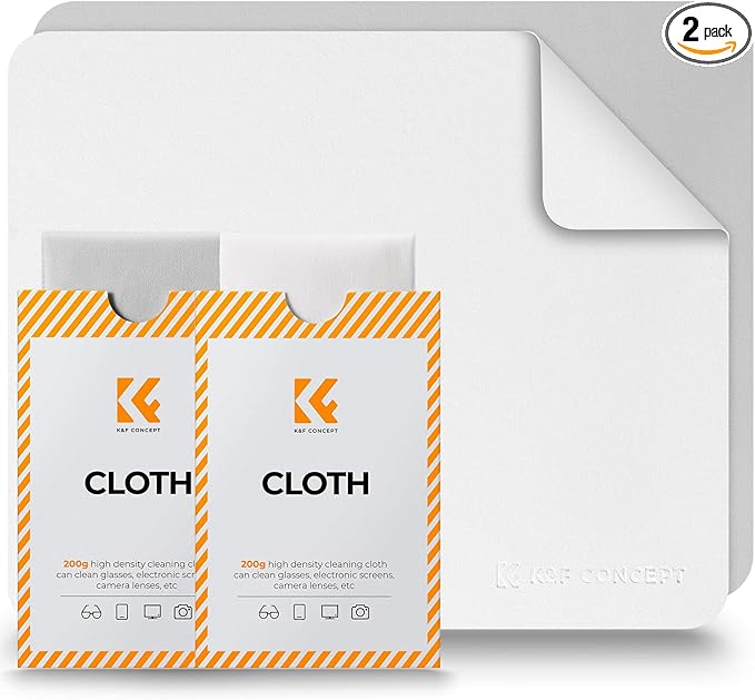K&F Concept 2 Pack Lens Cleaning Cloth | Microfiber Cleaning Cloth | Glasses Cleaning Cloths | Eyeglass Lens Cleaner | Eyeglasses, Camera Lens, VR/AR Headset, and Screen Cleaning | White & Grey