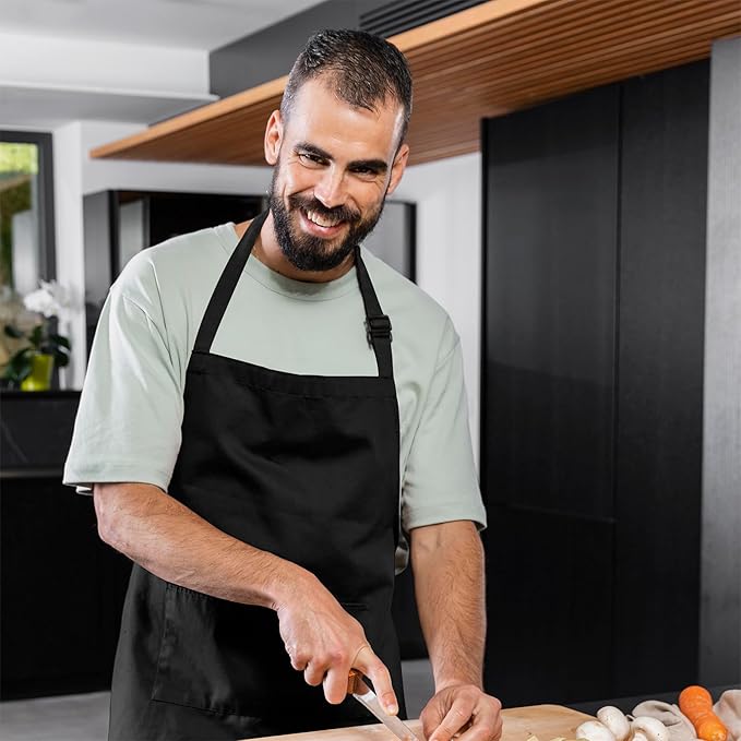 Adjustable Bib Apron 100% Polyester Kitchen Aprons Waterdrop Resistant Aprons with Adjustable Strap, Pockets & Long Ties