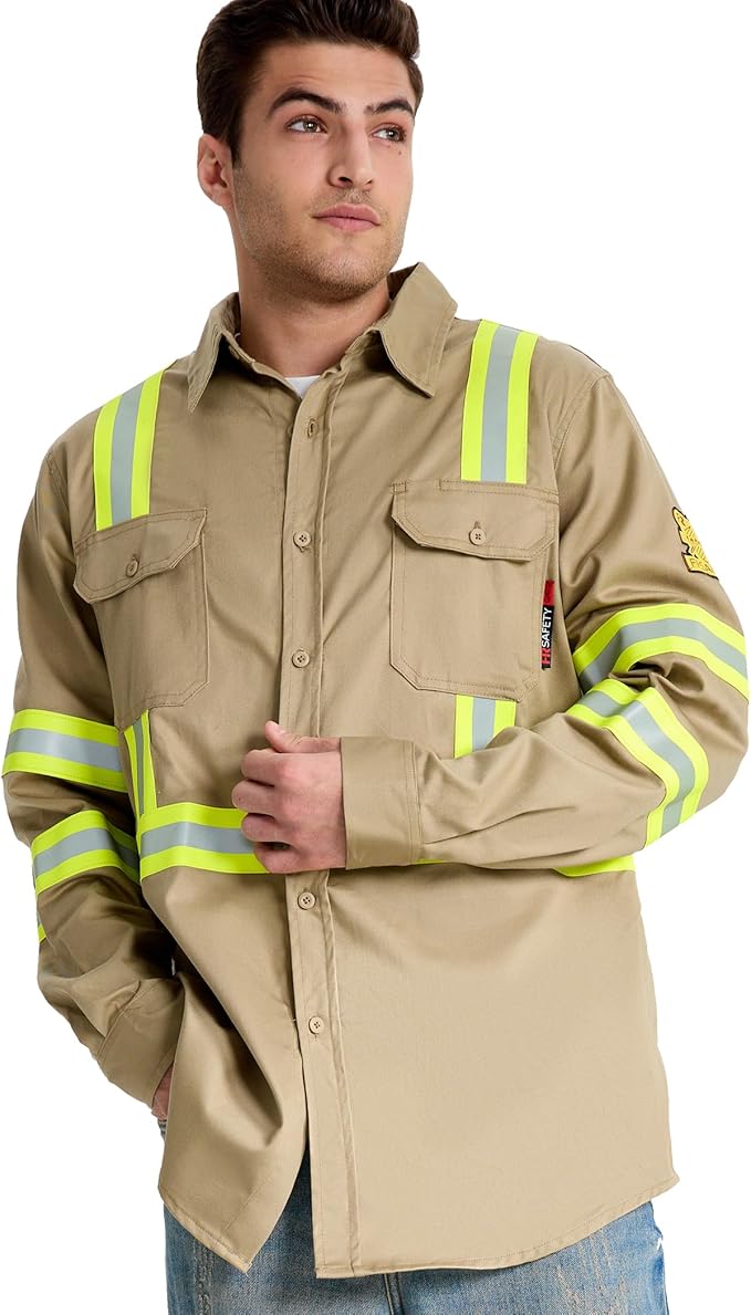 SRsafety Hi Vis FR Work Shirts,7.0oz Long Sleeve Flame Resistant Shirts for Men,100% Cotton High Visibility Fire Shirt