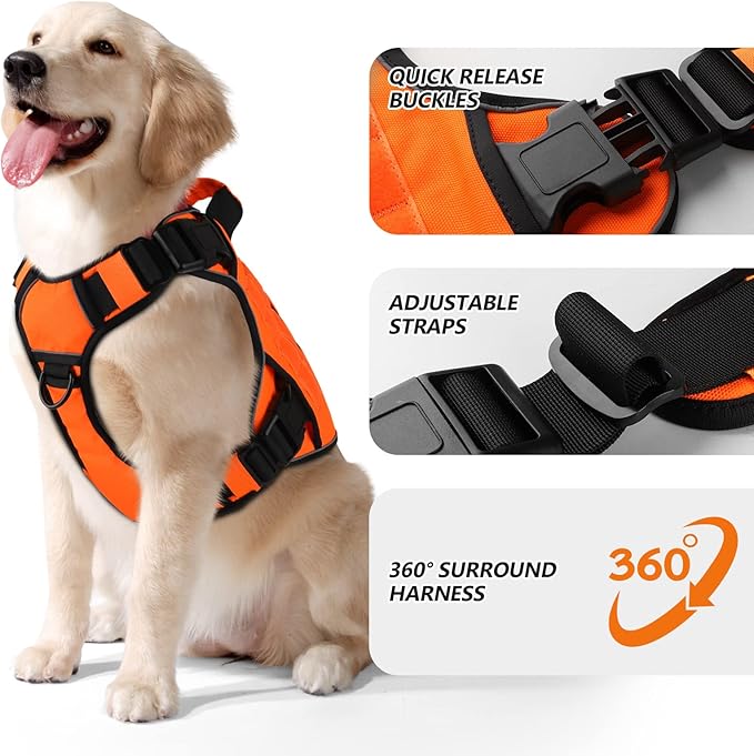 WINGOIN Orange Tactical Dog Harness for Large Dogs, Heavy Duty No Pull Dog Harness with Handle, Adjustable Reflective Military K9 Big Pet Vest for Husky, Doberman, Walking, Training, Hunting (XL)